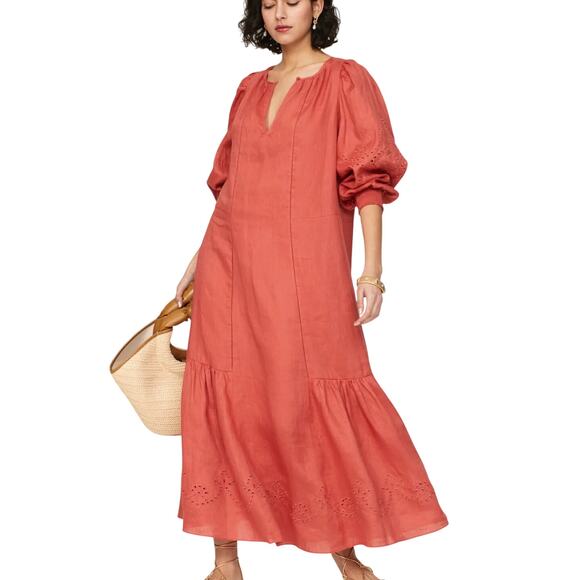 Vanessa Bruno Rust Linen Peasant Midi Dress Size 10 Cottage Ruffle Designer $655 - Picture 1 of 11
